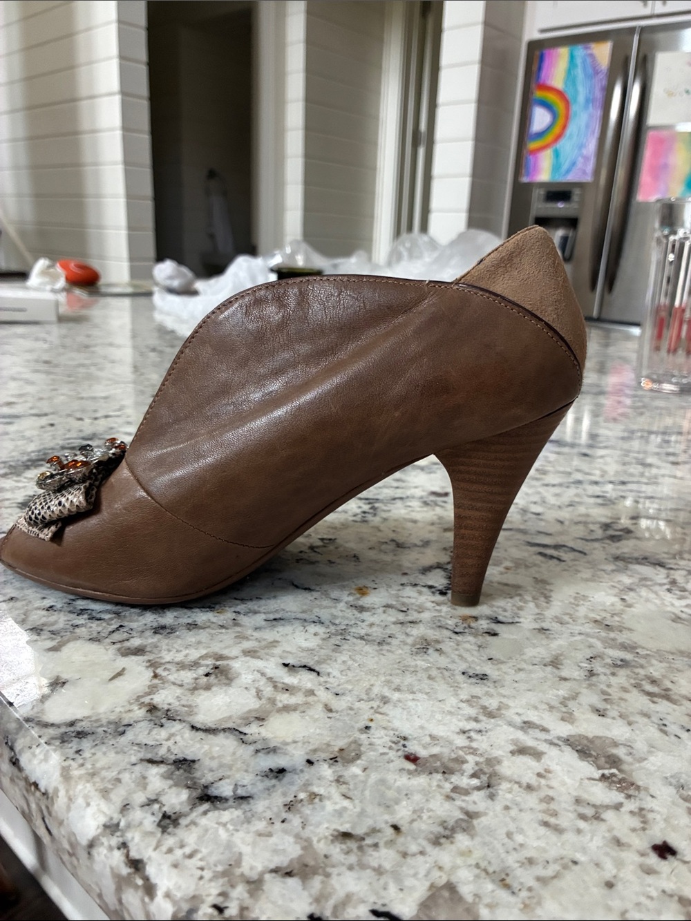 Poetic License Brown Leather Peep Toe Heels with Multicolor Jewel Accent. 40/9